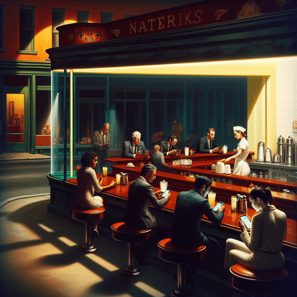 Edward Hopper's Nighthawks, but with the patrons glued to their phones. Generated by DALL·E 3.